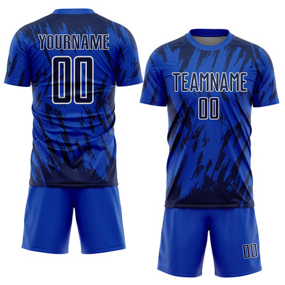 Custom Thunder Blue Navy-White Splatter Torn Sharp Brush Stroke Sublimation Soccer Uniform Jersey