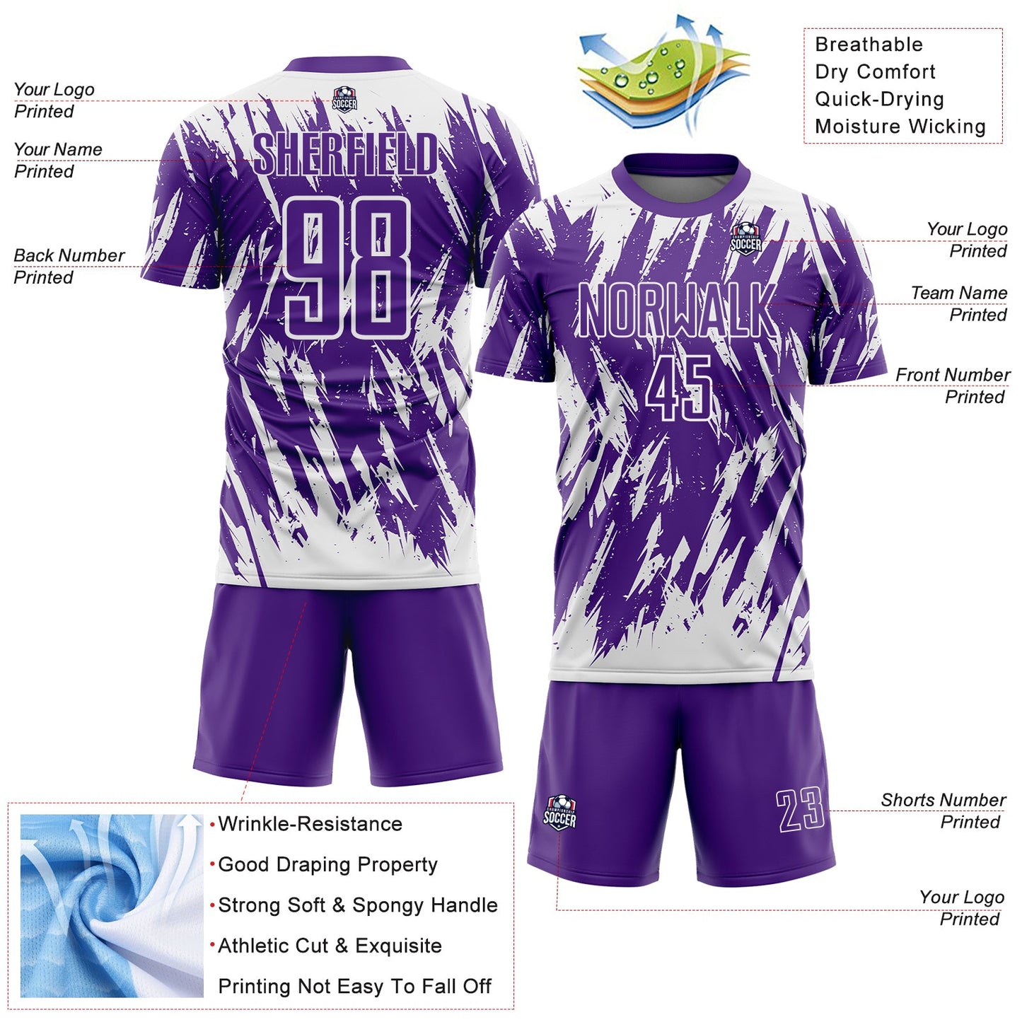 Custom Purple-White Splatter Torn Sharp Brush Stroke Sublimation Soccer Uniform Jersey