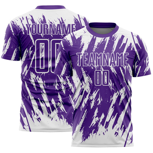 Custom Purple-White Splatter Torn Sharp Brush Stroke Sublimation Soccer Uniform Jersey