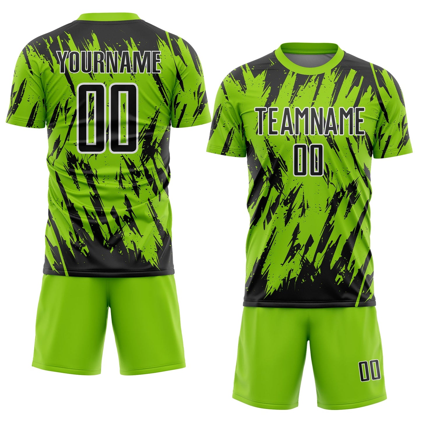 Custom Neon Green Black-White Splatter Torn Sharp Brush Stroke Sublimation Soccer Uniform Jersey