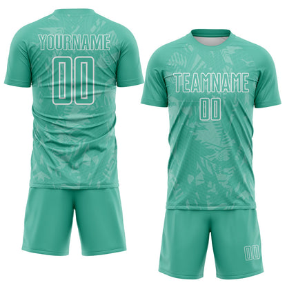 Custom Ice Blue White Brasil Geometric Tropical Rainforest Sublimation Soccer Uniform Jersey