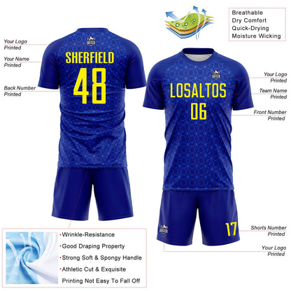 Custom Blue Light Yellow Brasil Digital Geometric Grid Sublimation Soccer Uniform Jersey