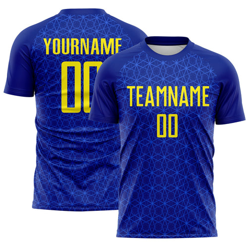 Custom Blue Light Yellow Brasil Digital Geometric Grid Sublimation Soccer Uniform Jersey