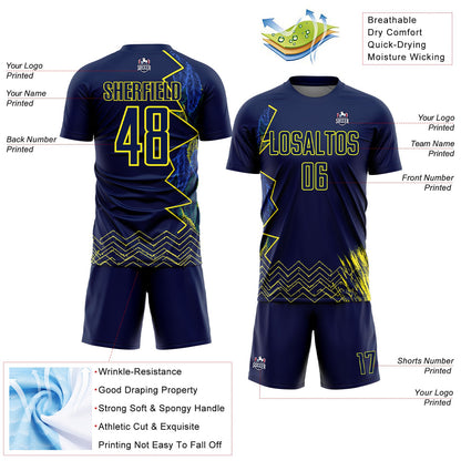Custom Blue Light Yellow Brasil Zigzag Tropical Palm Leaves Sublimation Soccer Uniform Jersey