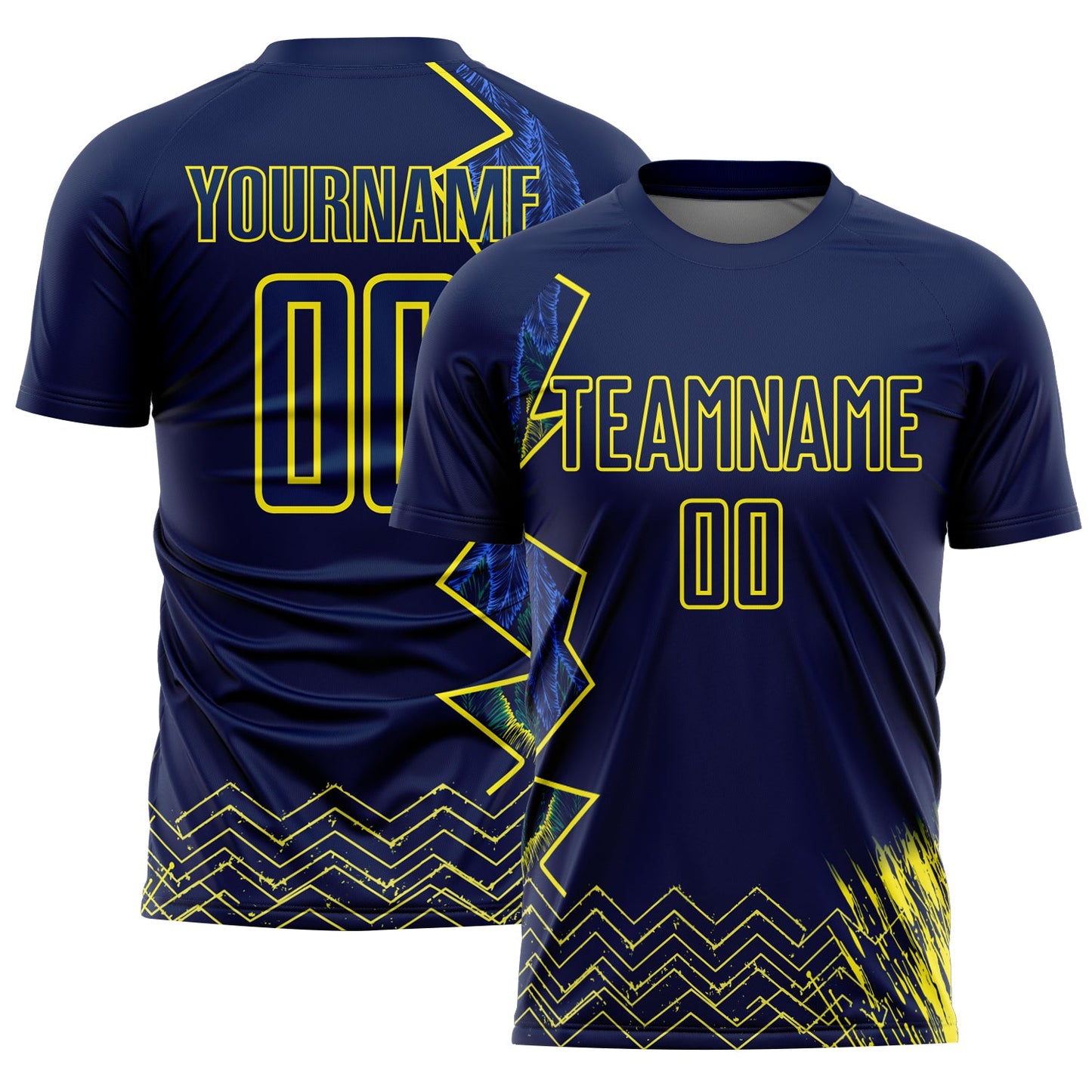 Custom Blue Light Yellow Brasil Zigzag Tropical Palm Leaves Sublimation Soccer Uniform Jersey