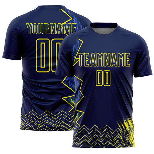 Custom Blue Light Yellow Brasil Zigzag Tropical Palm Leaves Sublimation Soccer Uniform Jersey