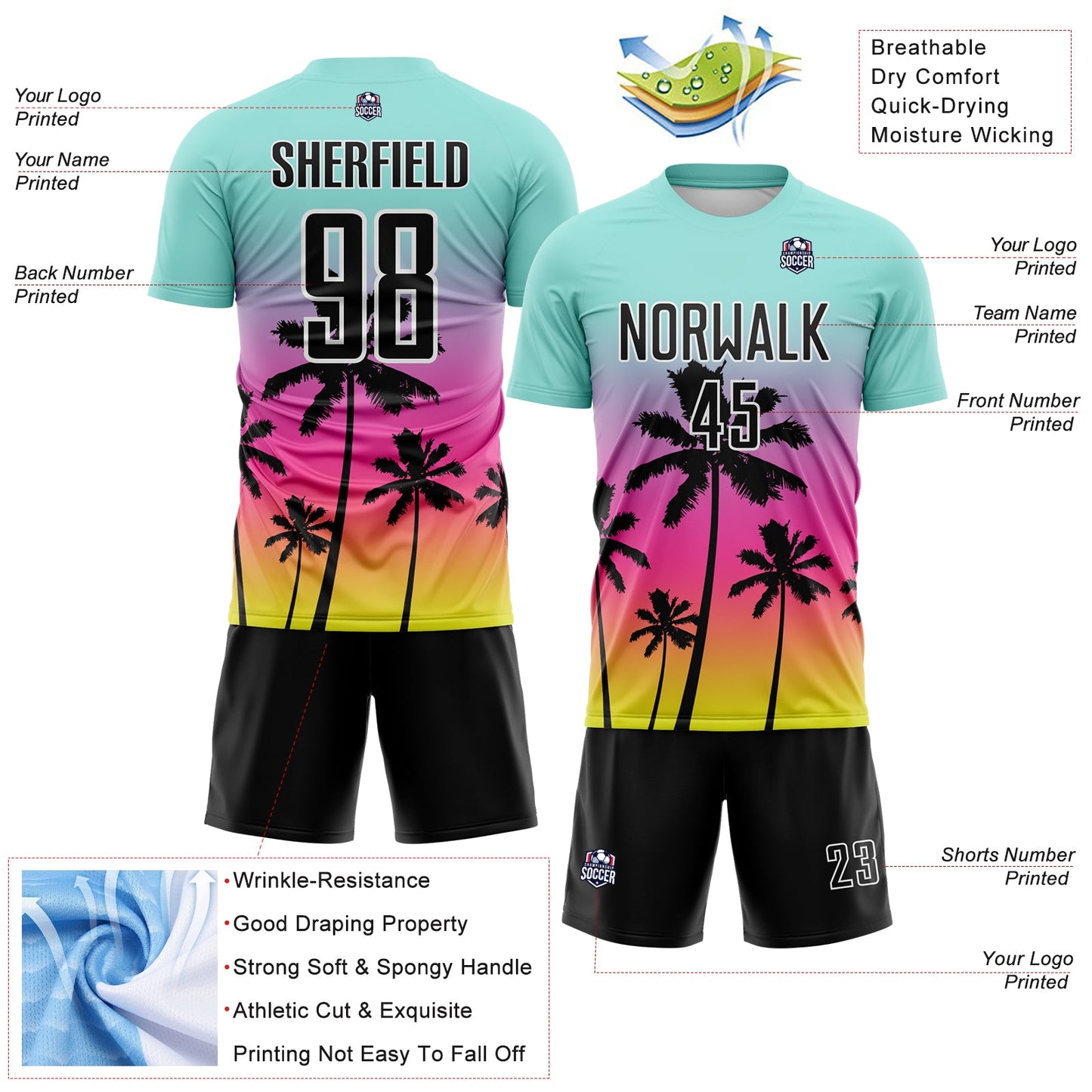 Custom Ice Blue Black Pink Neon Yellow-White Tropical Hawaii Palm Trees Gradient Sublimation Soccer Uniform Jersey