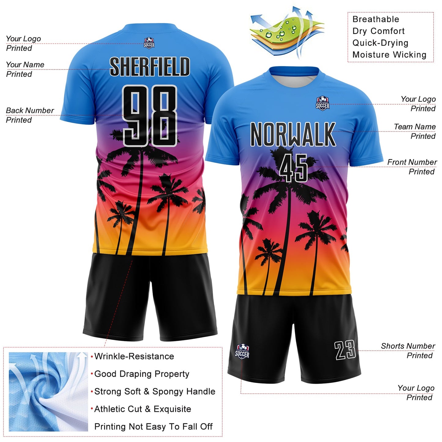 Custom Powder Blue Black Neon Pink Gold-White Tropical Hawaii Palm Trees Gradient Sublimation Soccer Uniform Jersey