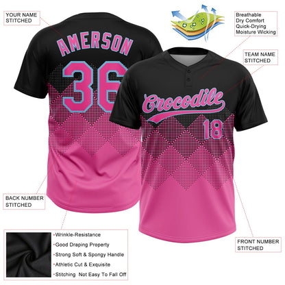 Custom Black Pink-Light Blue 3D Pattern Gradient Square Shapes Two-Button Unisex Softball Jersey