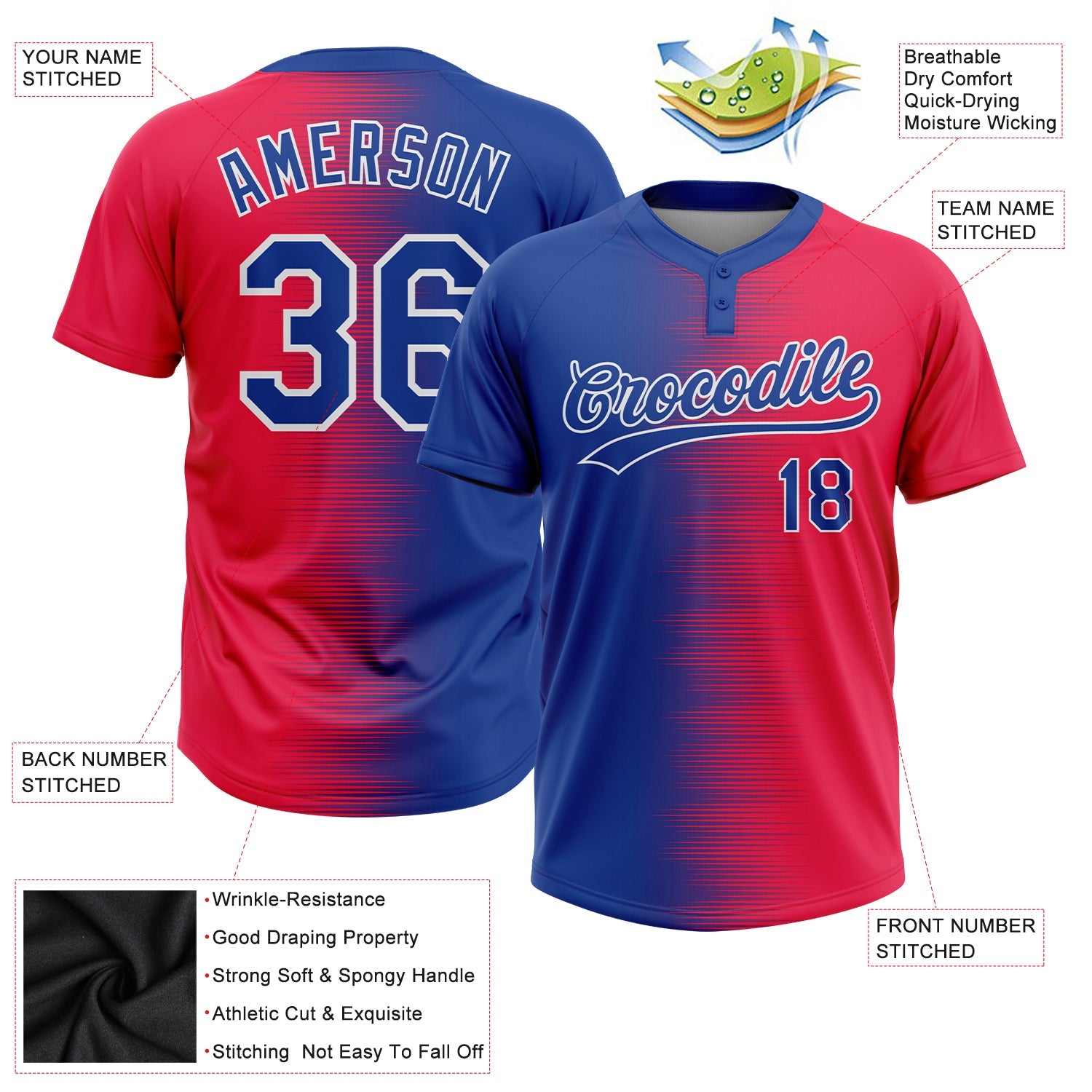 Custom Red Royal-White 3D Pattern Two-Button Unisex Softball Jersey