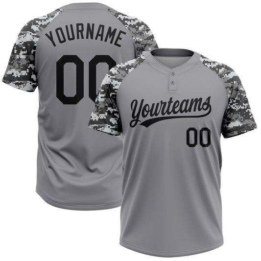 Custom Gray Black Camo Raglan Sleeves Two-Button Unisex Softball Jersey