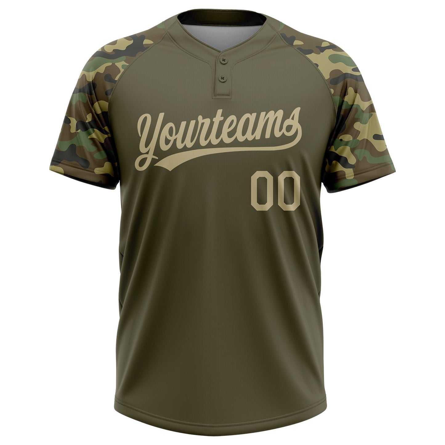 Custom Olive Vegas Gold Camo Raglan Sleeves Salute To Service Two-Button Unisex Softball Jersey