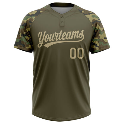 Custom Olive Vegas Gold Camo Raglan Sleeves Salute To Service Two-Button Unisex Softball Jersey