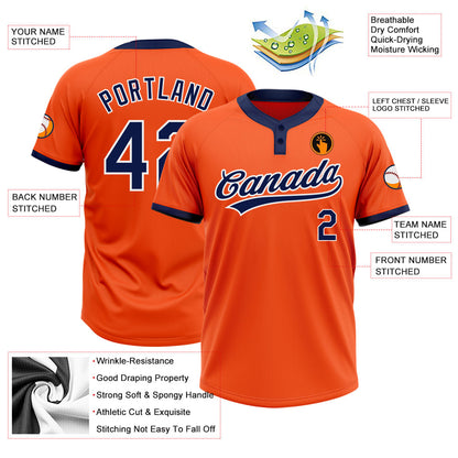 Custom Orange Navy-White Two-Button Unisex Softball Jersey