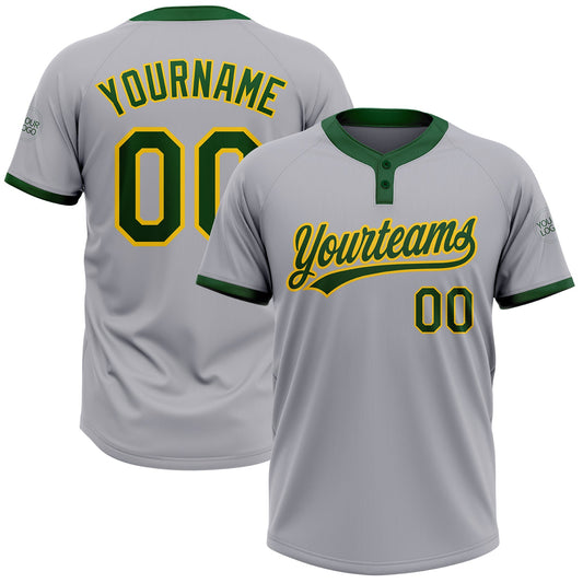 Custom Gray Green-Gold Two-Button Unisex Softball Jersey