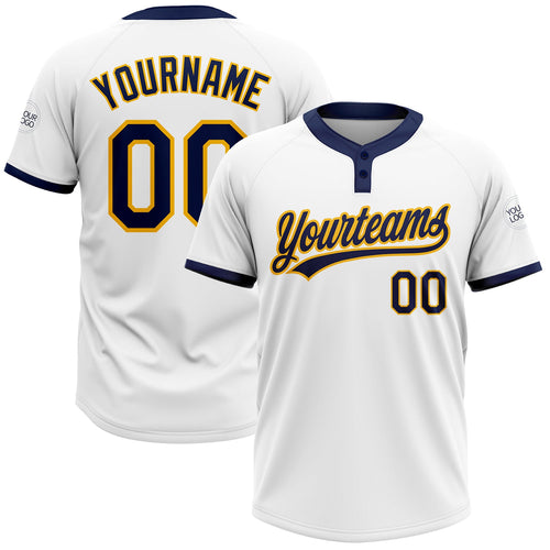 Custom White Navy-Gold Two-Button Unisex Softball Jersey