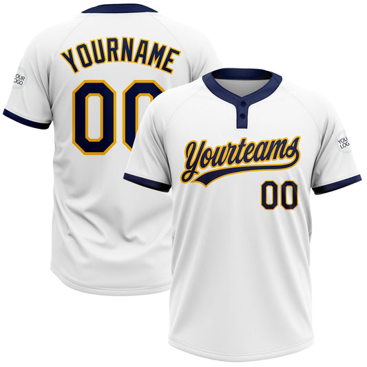 Custom White Navy-Gold Two-Button Unisex Softball Jersey