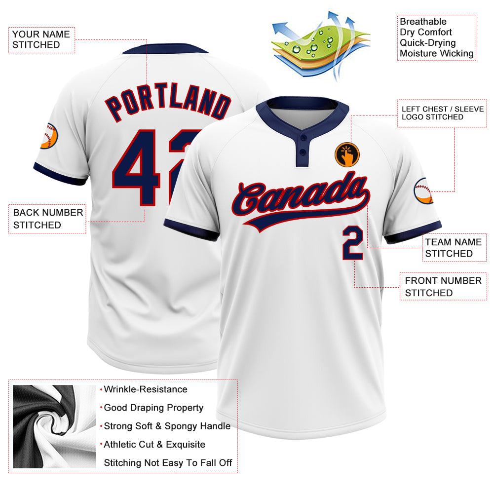 Custom White Navy-Red Two-Button Unisex Softball Jersey