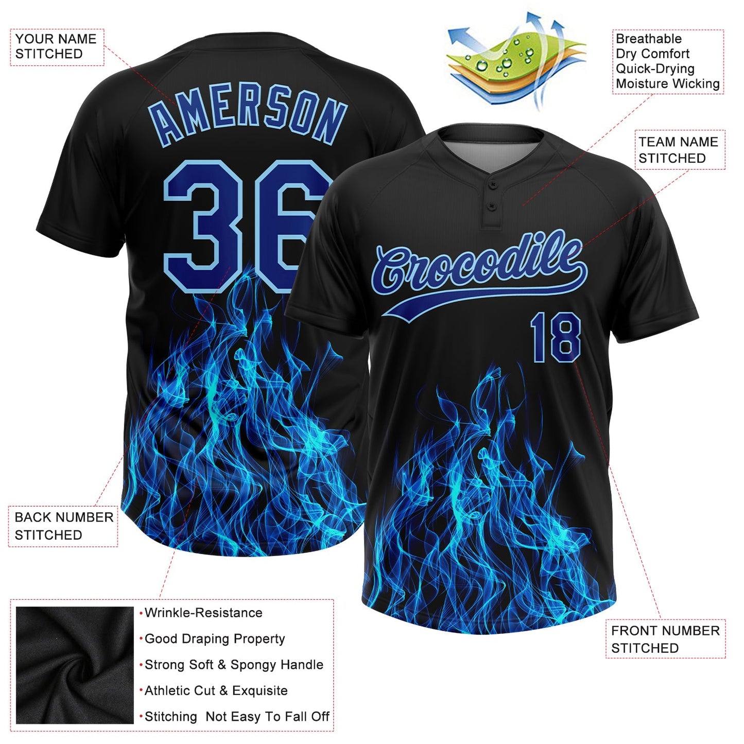 Custom Black Royal-Light Blue 3D Pattern Flame Two-Button Unisex Softball Jersey
