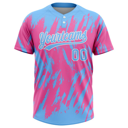 Custom Pink Powder Blue-White 3D Pattern Two-Button Unisex Softball Jersey