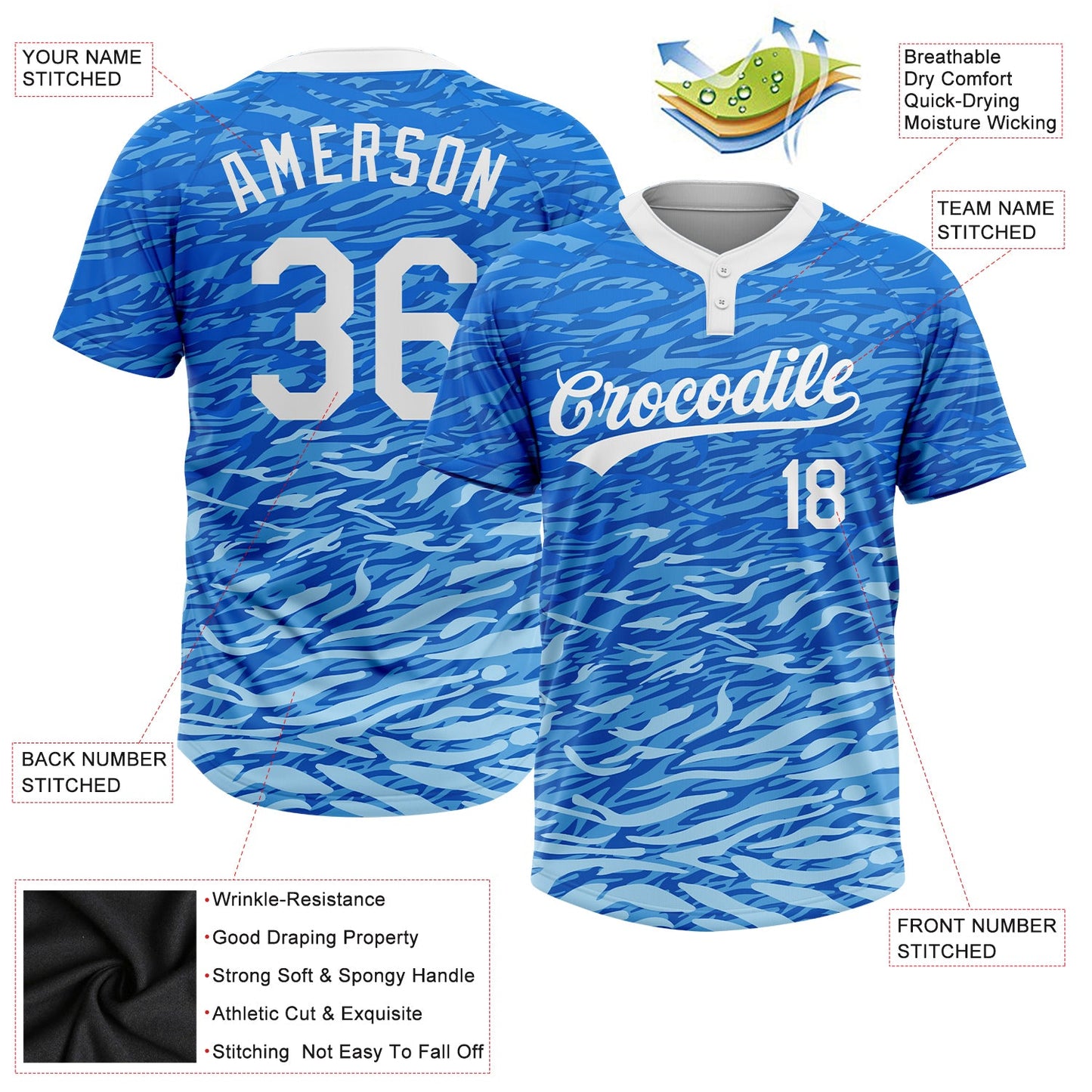 Custom Royal White-Light Blue 3D Pattern Two-Button Unisex Softball Jersey