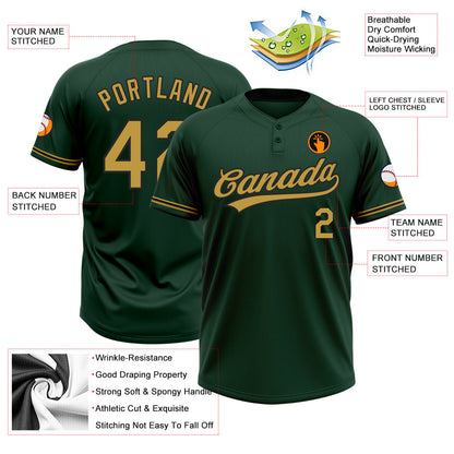 Custom Green Old Gold-Black Two-Button Unisex Softball Jersey