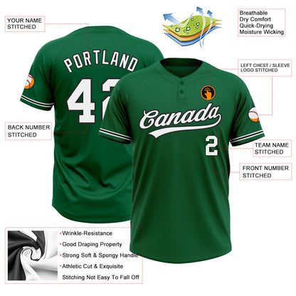 Custom Kelly Green White-Black Two-Button Unisex Softball Jersey