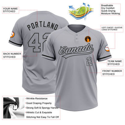 Custom Gray Black Two-Button Unisex Softball Jersey