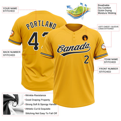 Custom Gold Black-White Two-Button Unisex Softball Jersey