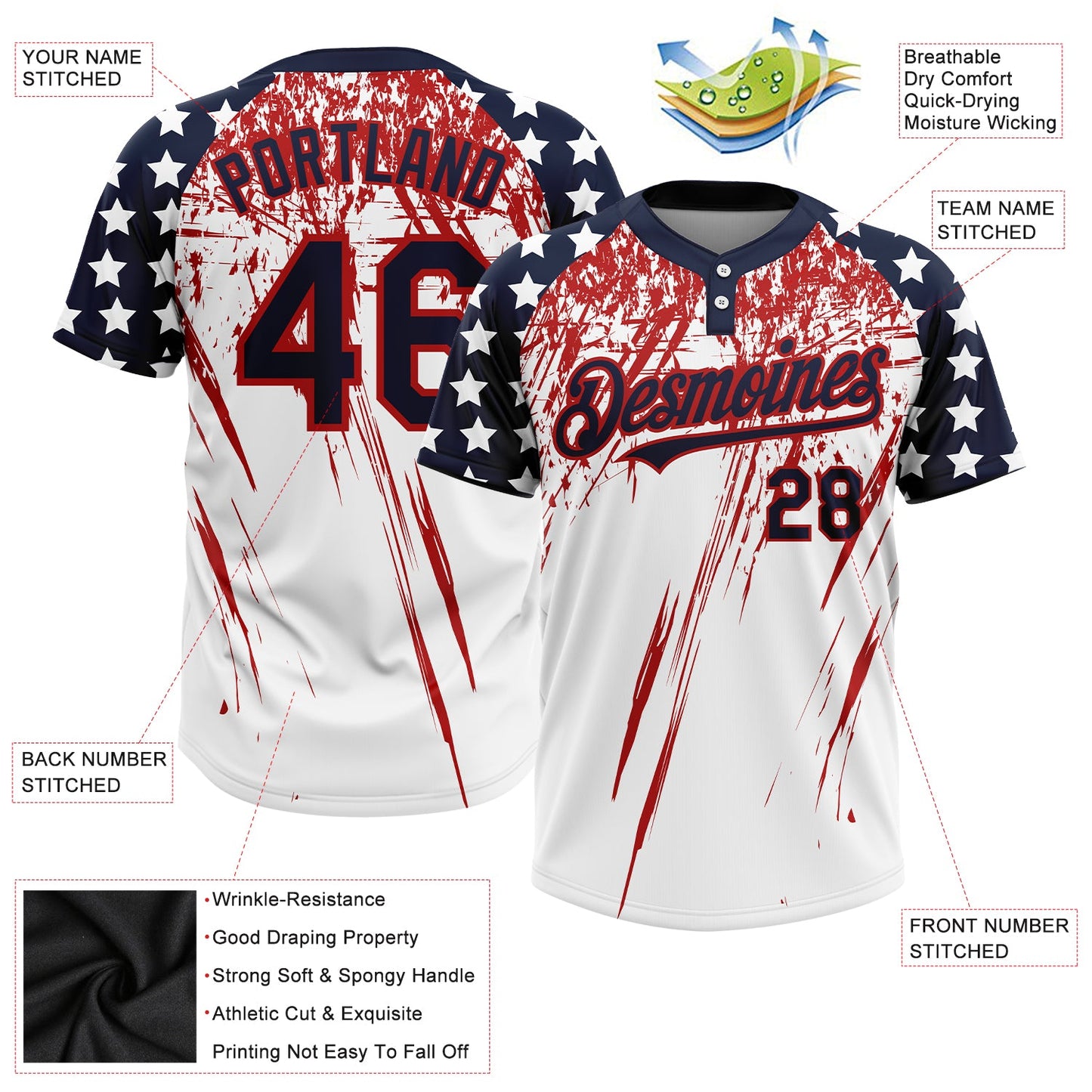 Custom White Navy-Red 3D American Flag Scratch Brush Stroke Star Raglan Sleeves Two-Button Unisex Softball Jersey