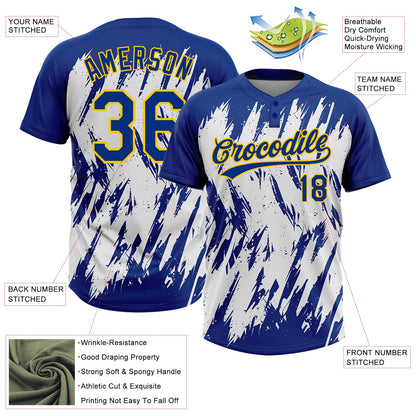Custom Royal Yellow-White 3D Pattern Abstract Sharp Shape Two-Button Unisex Softball Jersey
