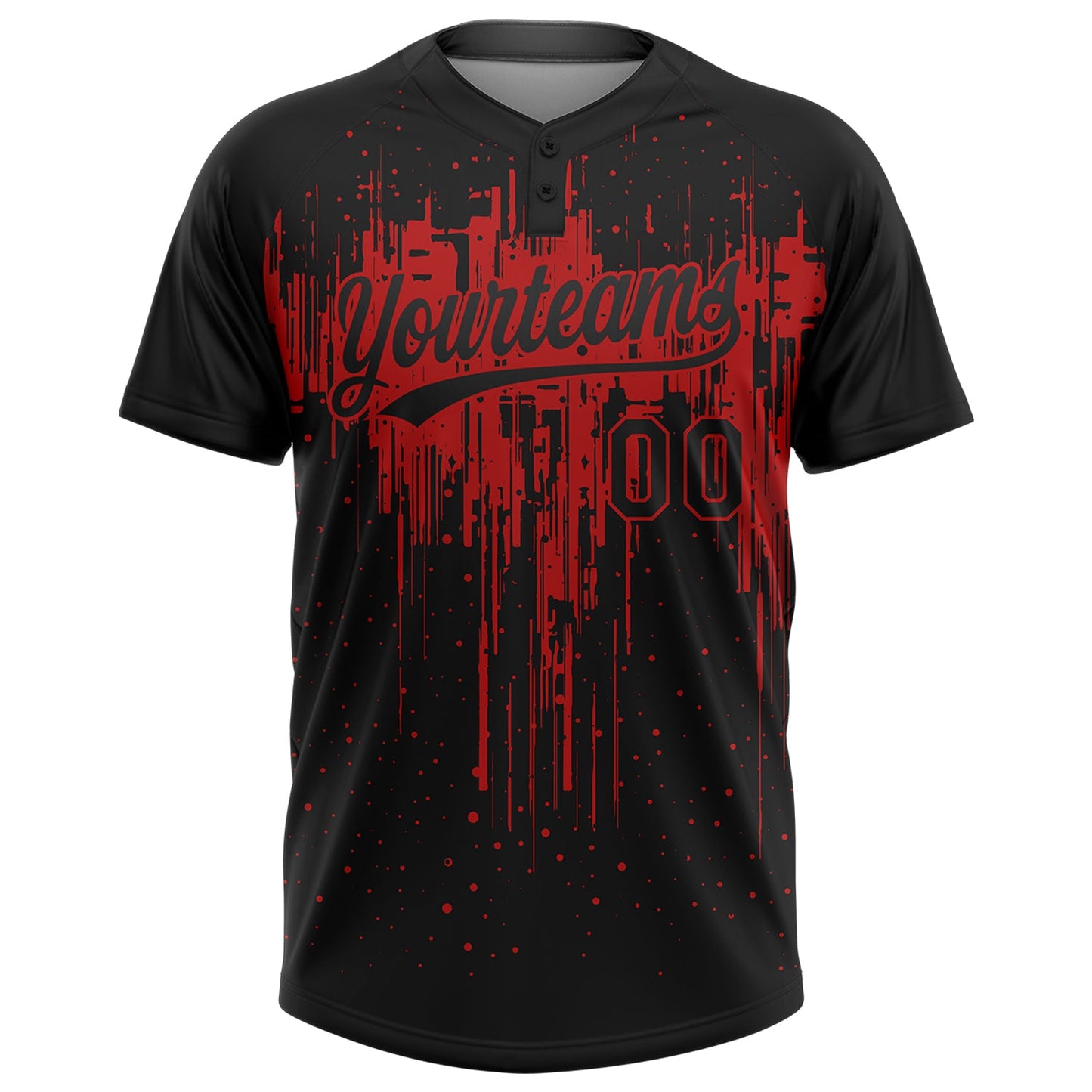 Custom Black Red 3D Pattern Dripping Splatter Art Two-Button Unisex Softball Jersey