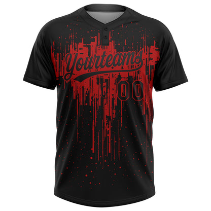 Custom Black Red 3D Pattern Dripping Splatter Art Two-Button Unisex Softball Jersey