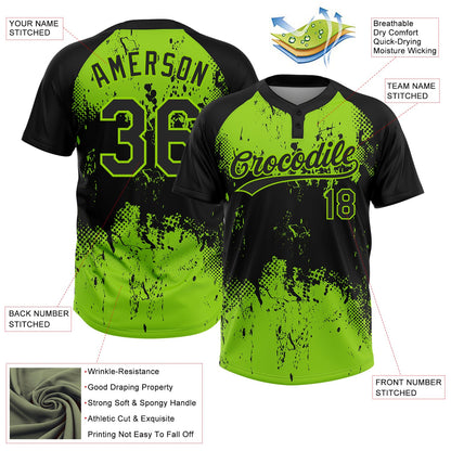 Custom Black Neon Green 3D Pattern Abstract Splatter Grunge Art Two-Button Unisex Softball Jersey