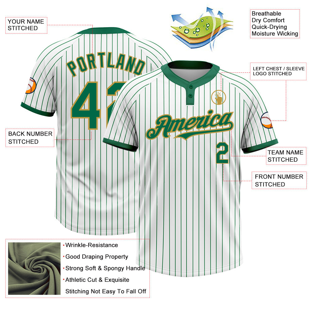 Custom White Kelly Green Pinstripe Old Gold Two-Button Unisex Softball Jersey