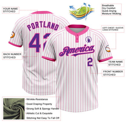 Custom White Pink Pinstripe Purple Two-Button Unisex Softball Jersey