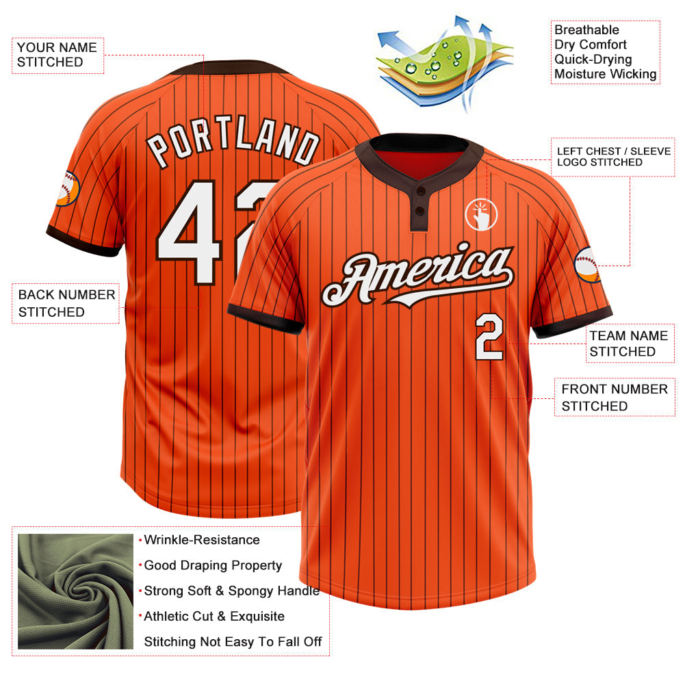 Custom Orange Brown Pinstripe White Two-Button Unisex Softball Jersey