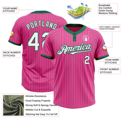Custom Pink Kelly Green Pinstripe White Two-Button Unisex Softball Jersey