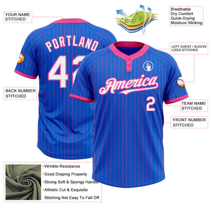 Custom Thunder Blue Pink Pinstripe White Two-Button Unisex Softball Jersey