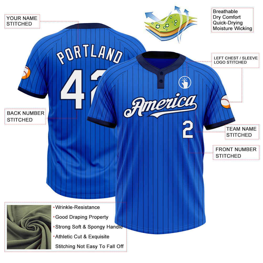 Custom Thunder Blue Navy Pinstripe White Two-Button Unisex Softball Jersey