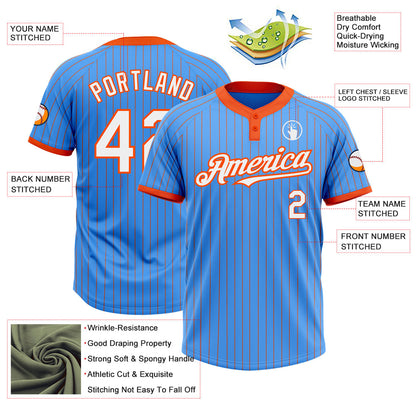 Custom Electric Blue Orange Pinstripe White Two-Button Unisex Softball Jersey