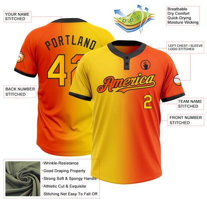 Custom Orange Yellow-Black Gradient Fashion Two-Button Unisex Softball Jersey