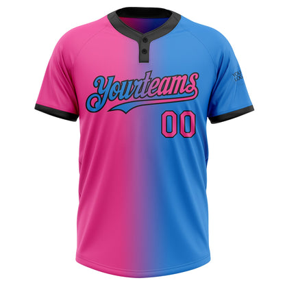 Custom Electric Blue Pink-Black Gradient Fashion Two-Button Unisex Softball Jersey