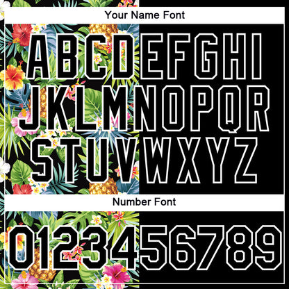 Custom Black White 3D Pattern Hawaii Tropical Pineapples, Palm Leaves And Flowers Two-Button Unisex Softball Jersey