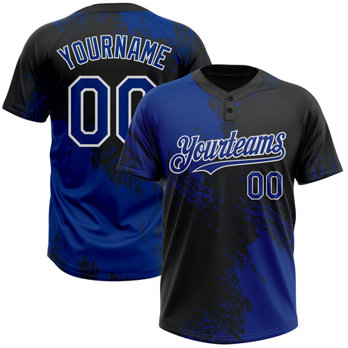Custom Royal Black-White 3D Pattern Abstract Brush Stroke Two-Button Unisex Softball Jersey
