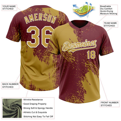 Custom Old Gold Burgundy-White 3D Pattern Abstract Brush Stroke Two-Button Unisex Softball Jersey