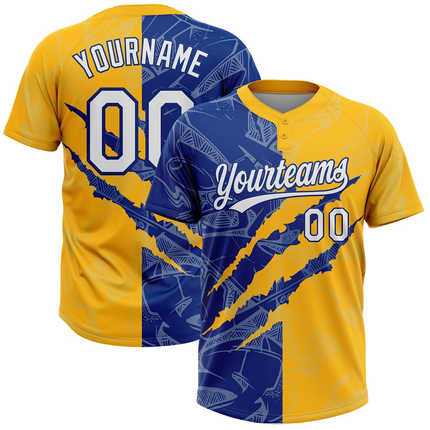 Custom Graffiti Pattern White Gold-Royal 3D Scratch Two-Button Unisex Softball Jersey