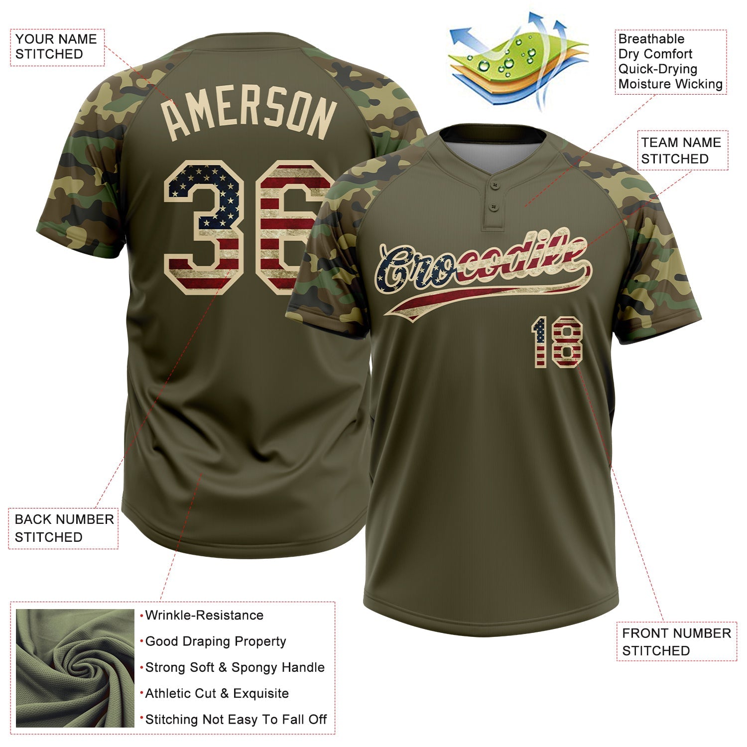 Custom Olive Vintage USA Flag-Cream Salute To Service Camo Raglan Sleeves Two-Button Unisex Softball Jersey