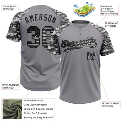 Custom Gray Vintage USA Flag-Black Salute To Service Camo Raglan Sleeves Two-Button Unisex Softball Jersey
