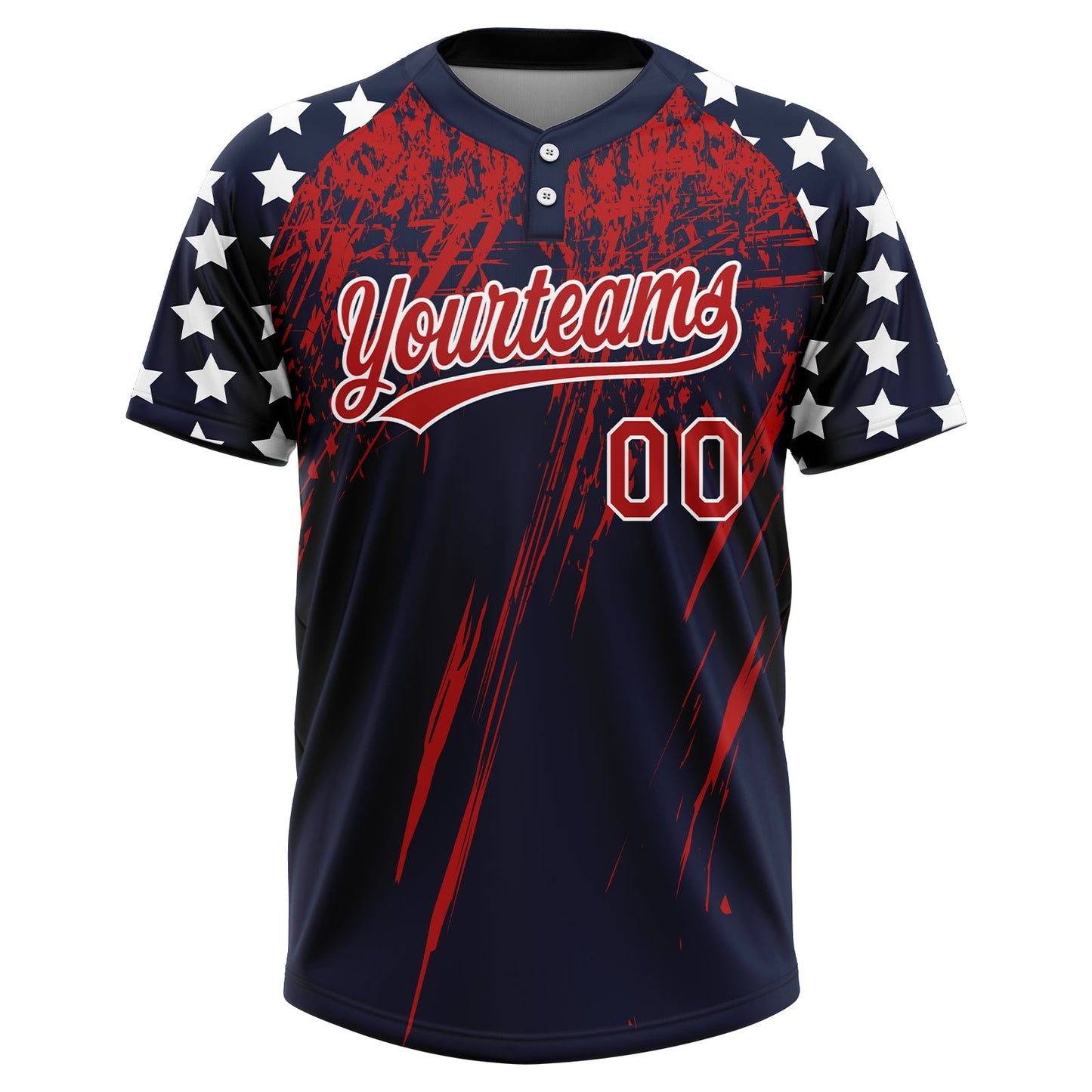 Custom Navy Red-White Distressed Scratch Brush Stroke Star Raglan Sleeves Two-Button Unisex Softball Jersey